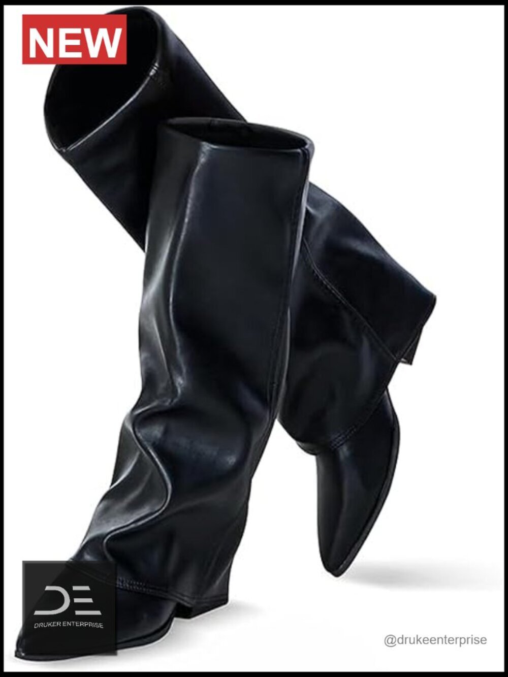 Knee High Fold Over Shark Boots Pointed Toe Block Heels Wide Calf Faux Leather